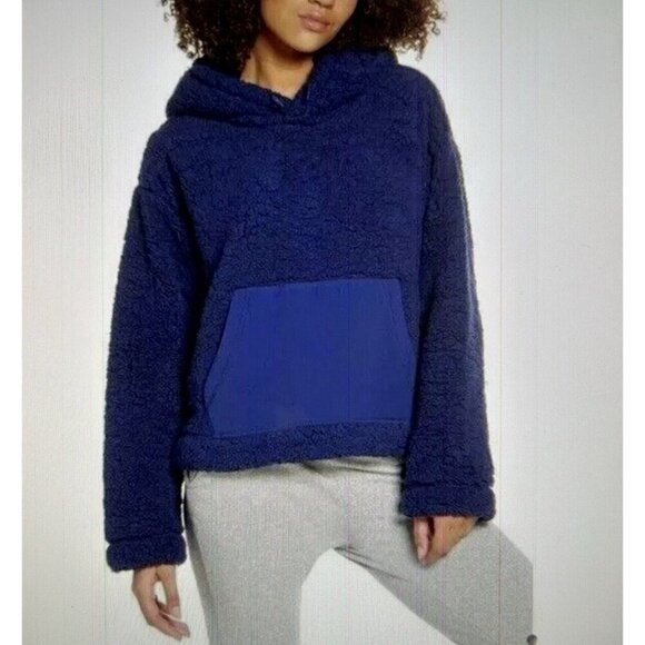 Zella Cassie Navy Faux Shearling Sherpa Boxy Hoodie Sweatshirt Size L - Picture 1 of 8